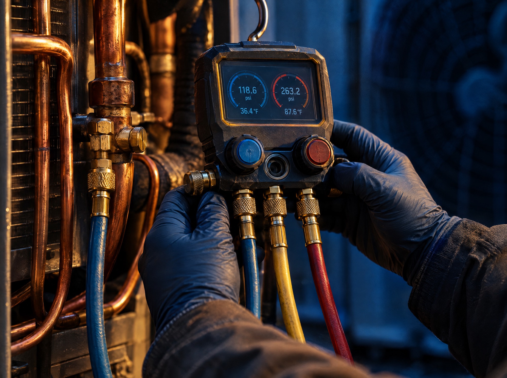 Gloved hands holding a gauge against copper lines.