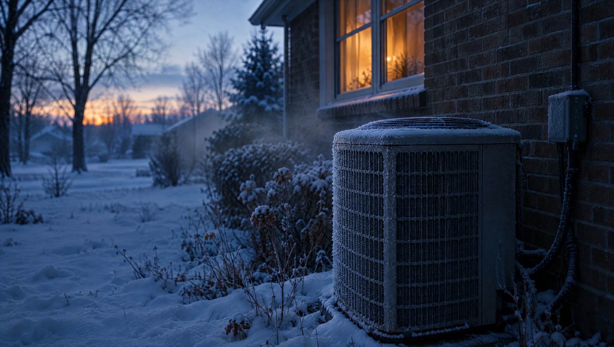 A frost-covered condenser unit beside a house.