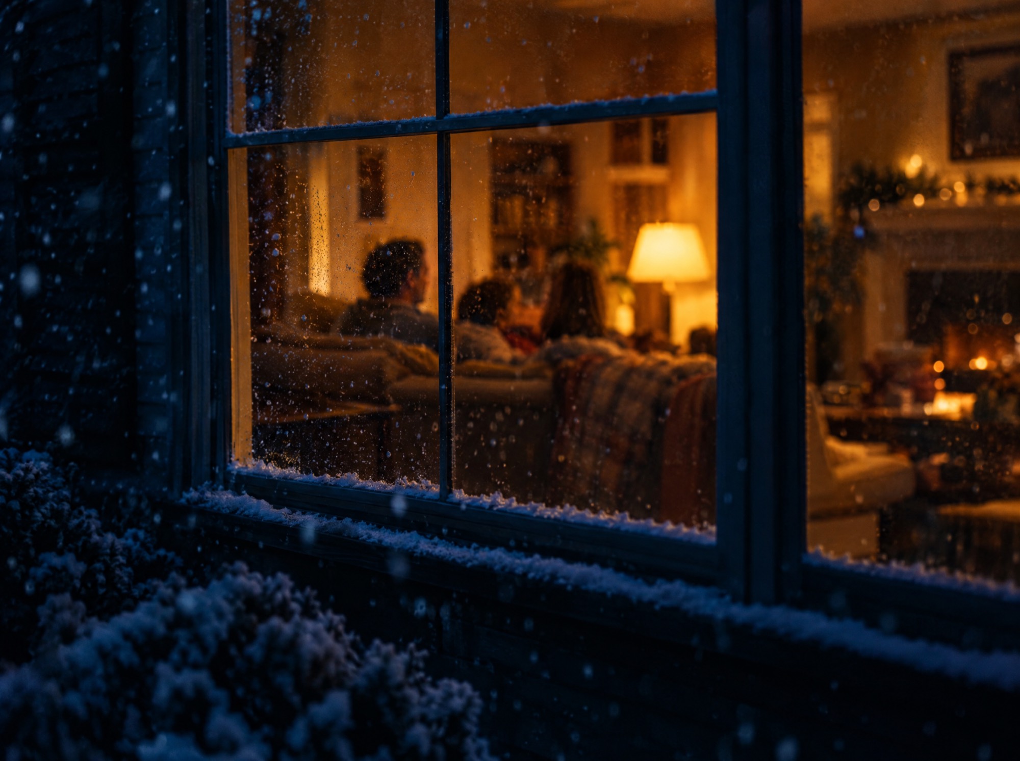 A warmly lit living-room window seen from outside on a snowy night.